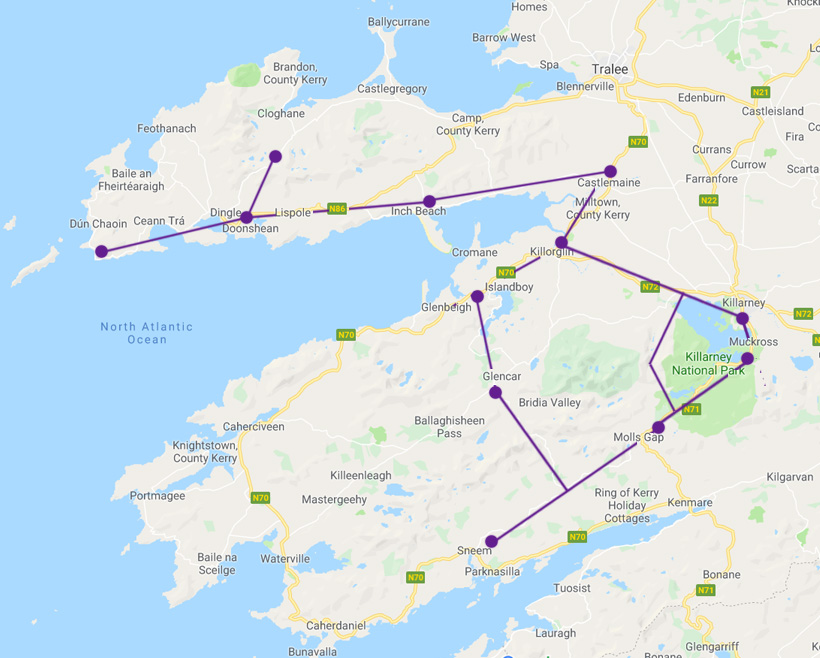 kaart van route fietsen in Kerry