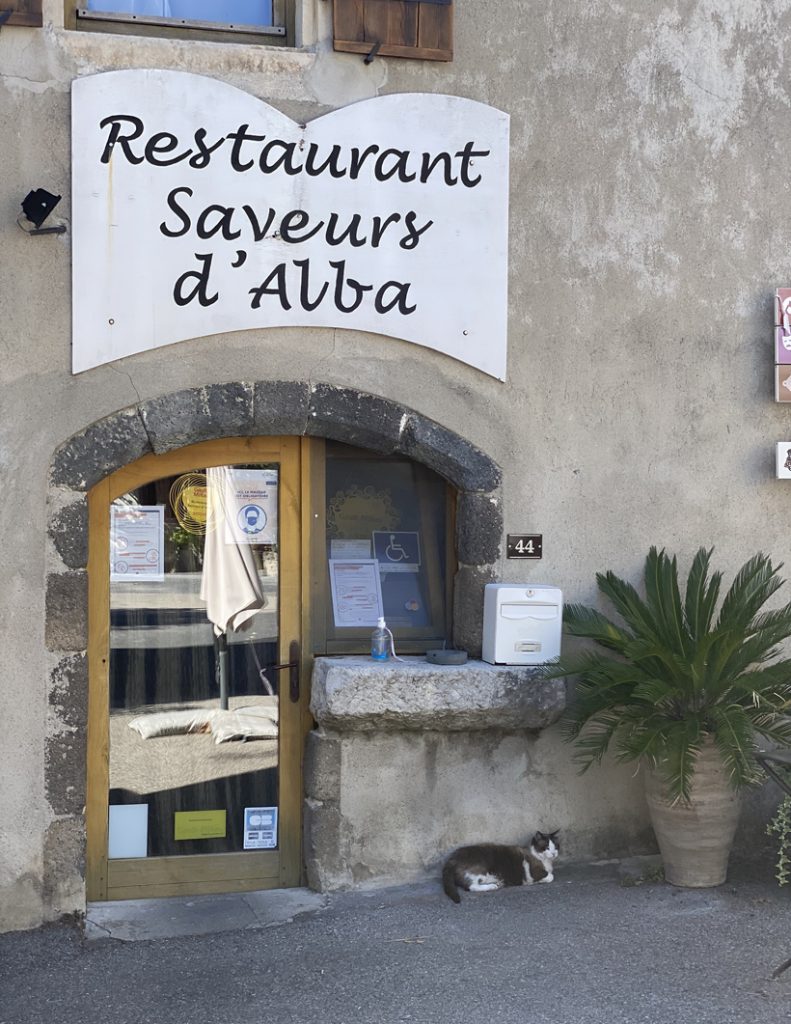 kat aan restaurant in alba de la Romaine