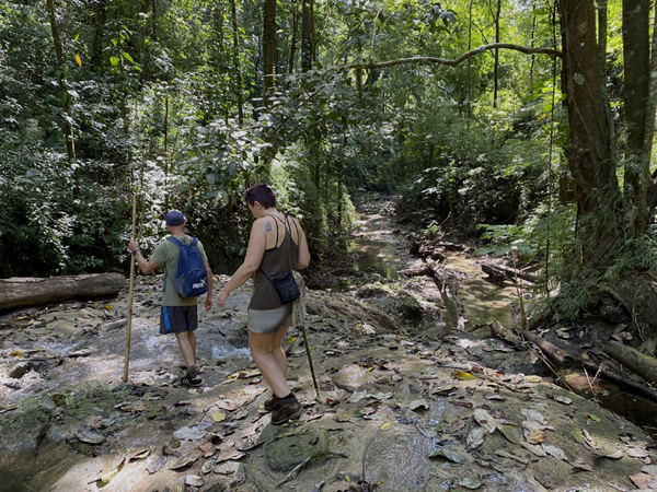 wandelen over rotsen in rivier in karen mogensen natuurreservaat